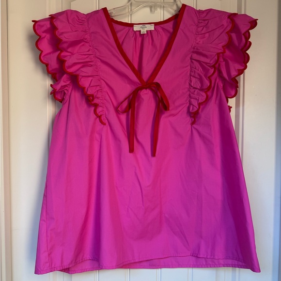 Entro Pink/Red Cotton Scallop Ruffle Sleeve Top - Women’s Size L - Picture 3 of 11
